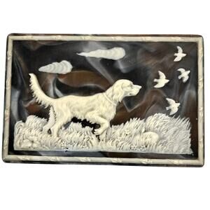 Vintage Incolay Stone Jewelry Box Hunting Dog Scene Pointer